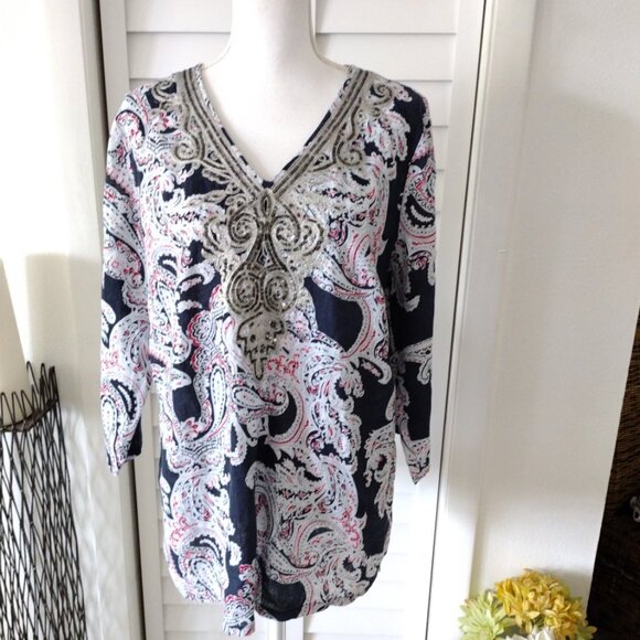 Linen Charter Club Paisley Tunic Top Blouse PL Petite Sequin V Neck‎ 3/4 Sleeves - Picture 1 of 12
